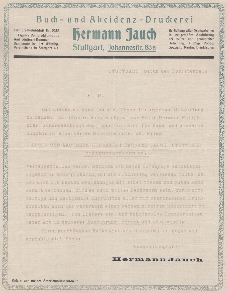 Briefbeschreibung eines historischen Briefs von Hermann Jauch, datiert und mit Briefkopf.