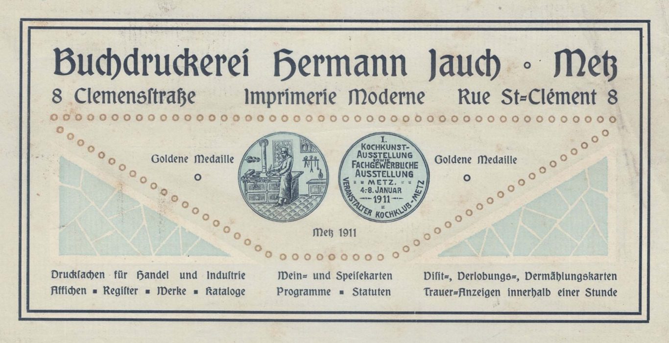 Briefbogen der Buchdruckerei Hermann Jauch mit zwei Münzen und dekorativem Design.